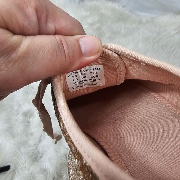 Keds X Kate Spade Champion Rose Gold Pink Glitter Ribbon Lace Flat Sneaker Sz 7 - Picture 7 of 7